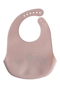 Silikon-Lätzchen in zartem Rosa, mit runder Ausschnittform und einer Tasche am unteren Ende. Verfügt über sieben verstellbare Löcher zur Anpassung der Größe.