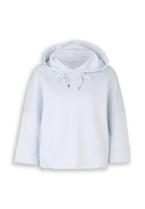 Svetlomodrá skrátená mikina s tromi štvrťovými rukávmi, prednými šnúrkami a voľným strihom, zobrazená na bielom pozadí.