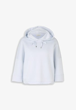 Svetlomodrá skrátená mikina s tromi štvrťovými rukávmi, prednými šnúrkami a voľným strihom, zobrazená na bielom pozadí.