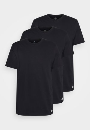 Three black cotton t-shirts with short sleeves, round necklines, and a white Adidas logo at the bottom left of each shirt.