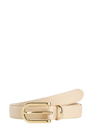 Beige læderbælte med et elegant design, der har en stor guldtonet spænde og en glat tekstur. Simpelt og moderne stil.