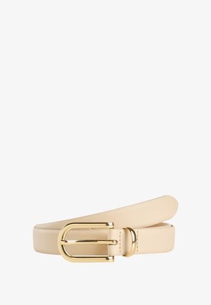 Cintura in pelle beige dal design elegante, con una grande fibbia dorata e una superficie liscia. Stile semplice e moderno.