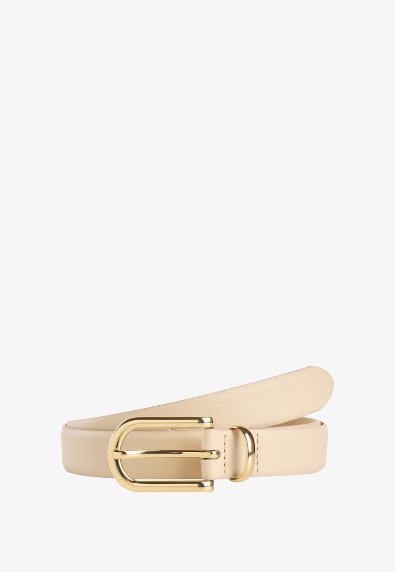 Beige leather belt with a sleek design, featuring a large gold-tone buckle and smooth texture. Simple and modern style.