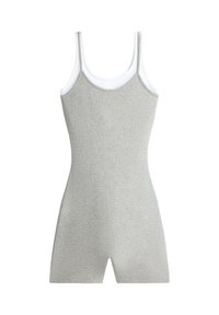 Body gris sans manches avec doublure intérieure blanche, encolure arrondie et jambes courtes.
