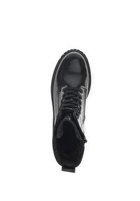 Black leather ankle boot with a glossy finish, round toe, lace-up front, and textured lining. Features a pull tab at the heel for ease of wear.