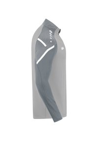Graues sportliches Langarmshirt mit hohem Kragen, strukturiertem geometrischem Muster auf den Schultern und weißen Akzentstreifen. Hergestellt aus leichtem Stoff.