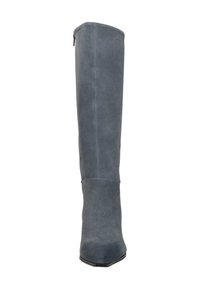 Grijze suede laars tot de knie met een gladde textuur, blokhak, spitse neus en een verborgen zijrits.