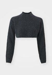 Pulover turtleneck scurt, de culoare gri închis, cu mâneci lungi și țesătură texturată. Designul este ajustat și minimal, fără elemente metalice vizibile.