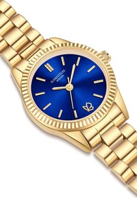 Zelta rokas pulksteņi ar zilu ciparnīcu, zelta stunda indeksiem un rievota apeja. Iespējas zelta metāla rokaspulkstenis ar pulētu segmentu.