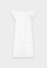Witte jurk met opengewerkte borduursels, korte gerimpelde mouwen, ronde halslijn en een gegolfde zoom. Lichtgewicht stof met bloemmotieven.