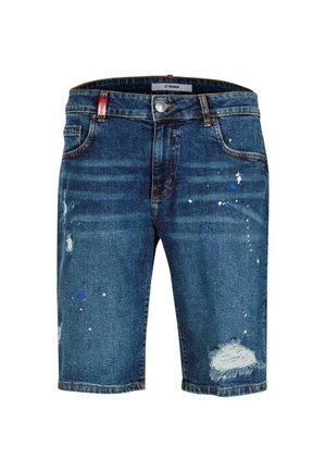 Tamsiai mėlynos džinsinės šortai su dėvėjimo akcentais, dažų purslais ir tiesiu kirpimu, turintys priekines kišenes ir mygtuko užsegimą.