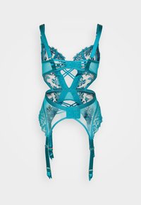 Turkis undertøjsæt med gennemsigtigt mesh-design med indviklede blomsterblonde detaljer, justerbare stropper og dekorative hofteholdere.