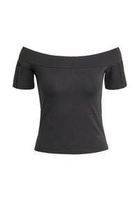 Mustat off-the-shoulder t-paidat, joissa on lyhyet hihat, pehmeä kangas, mukautuva muotoilu ja hillitty brändäys helman lähellä. Suora pinta ilman kuoseja.