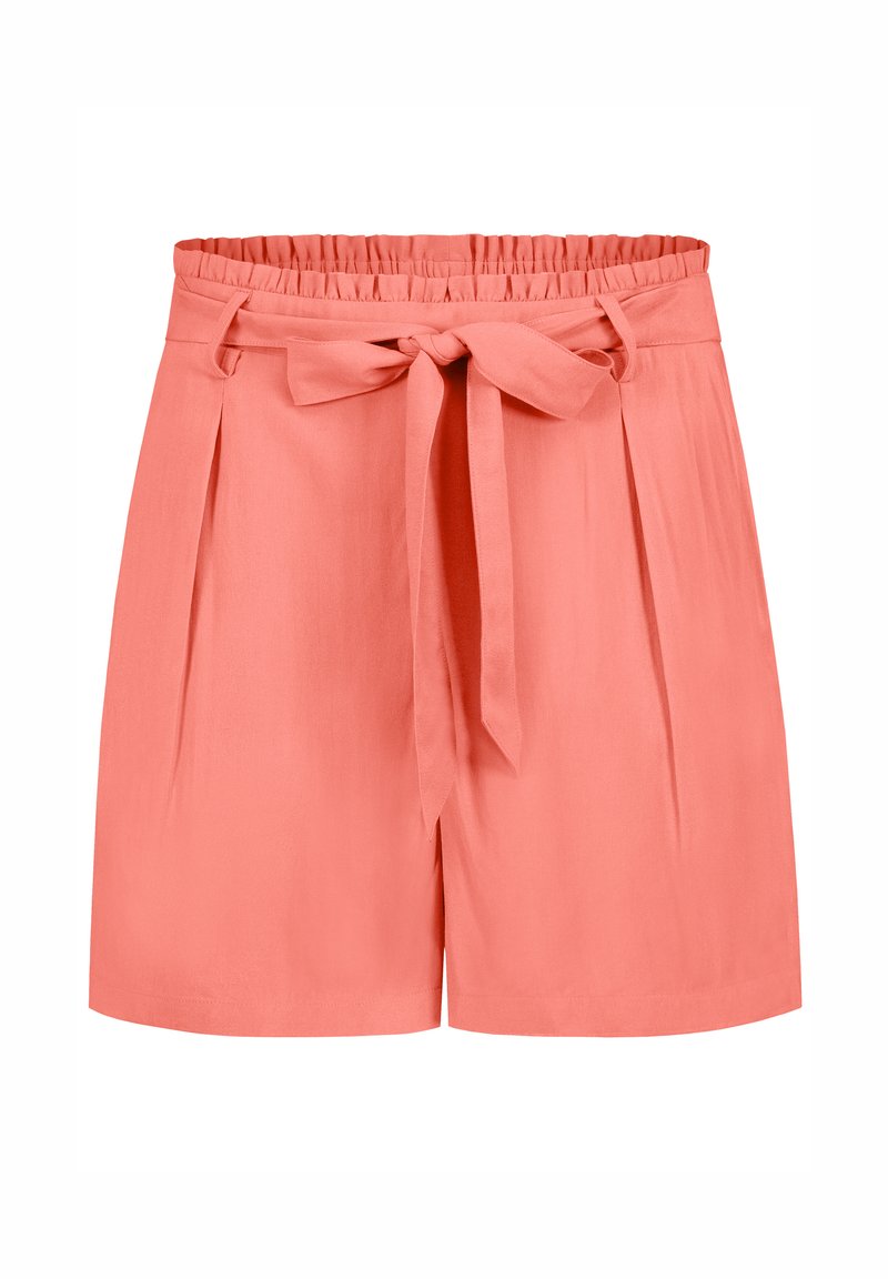 Coral shorts with a high waist, elastic waistband, and a tied bow detail. Made from a smooth fabric with pleats for added texture.