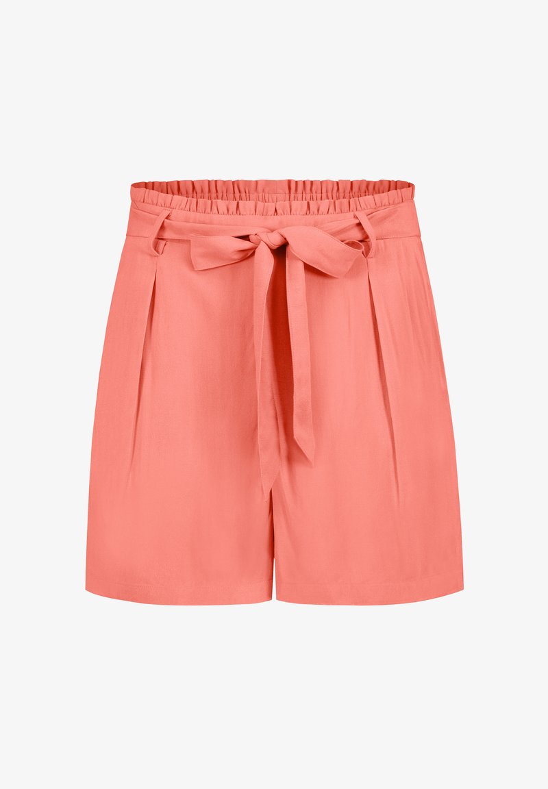Coral shorts with a high waist, elastic waistband, and a tied bow detail. Made from a smooth fabric with pleats for added texture.