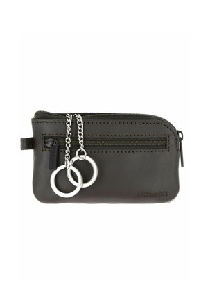 Dark brown leather key pouch with two silver key rings attached to chains and a zippered pocket on the front.