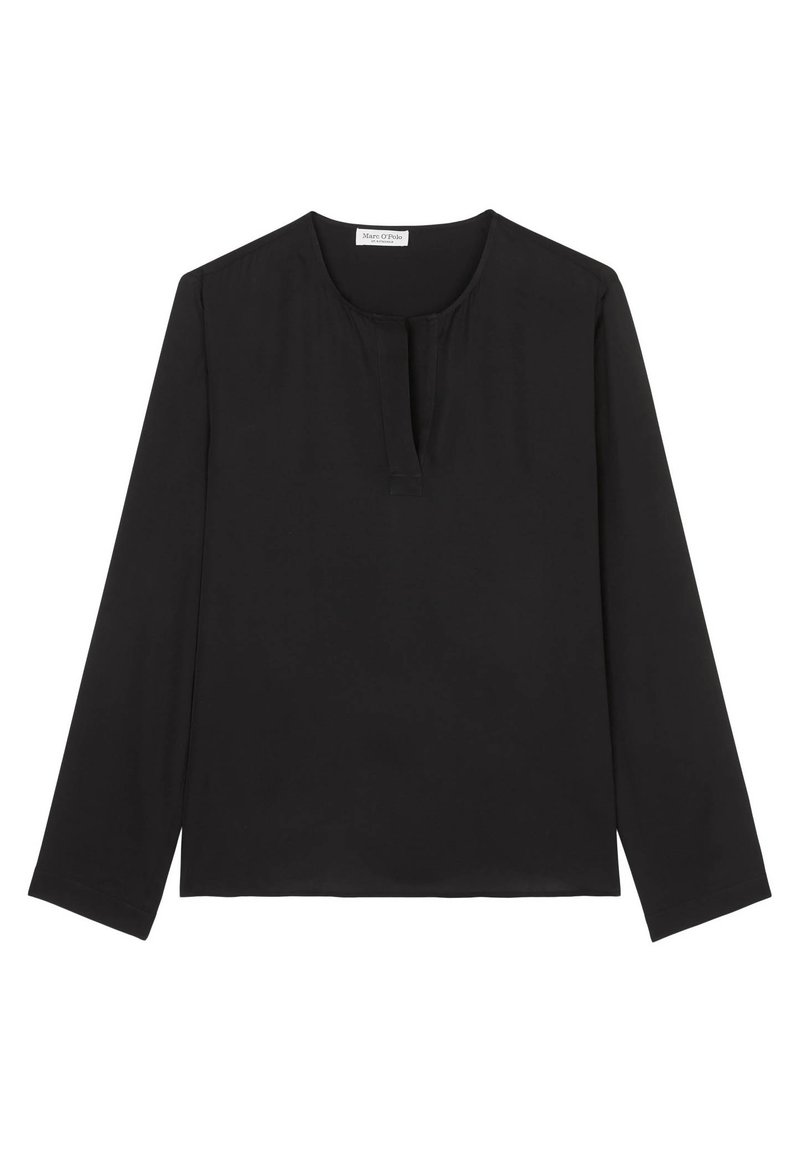 Czarna bluzka z długim rękawem, okrągłym dekoltem i zapięciem z przodu. Gładki materiał, luźny krój i prosty dół, bez wzorów czy ozdób.