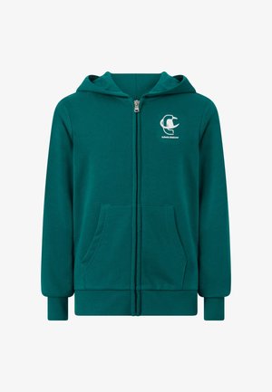 Turquoise hoodie met volledige rits, voorzakken, capuchon en een wit logo op de linkerborst met de tekst "Authentic Activewear".