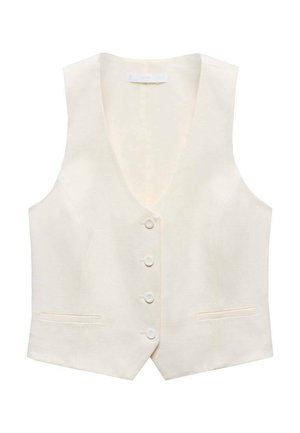 Gilet senza maniche color crema realizzato in tessuto strutturato, con scollatura a V profonda, cinque bottoni sul davanti e due tasche frontali.