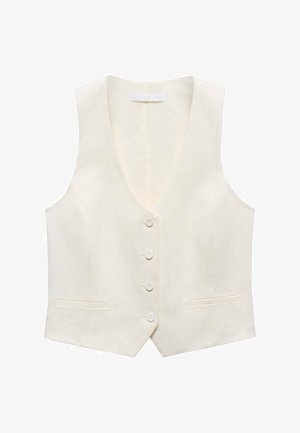 Crème mouwloos vest gemaakt van textuurstof, met een diepe V-hals, vijf knopen aan de voorkant en twee voorzakken.
