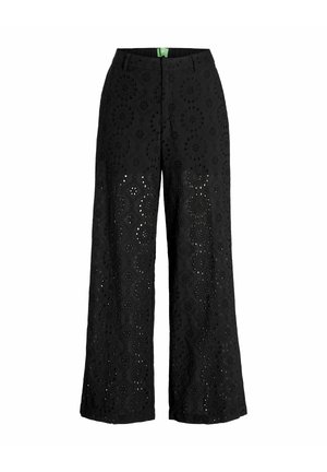 Pantalon large noir avec broderie florale en œillet et fermeture éclair à l'avant, présenté sur un fond blanc.