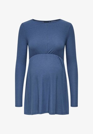 Hosszú ujjú kismama felső, texturált bordázott kialakítással, kerek nyakkivágással és lágy kék színben, bővülő sziluettel.