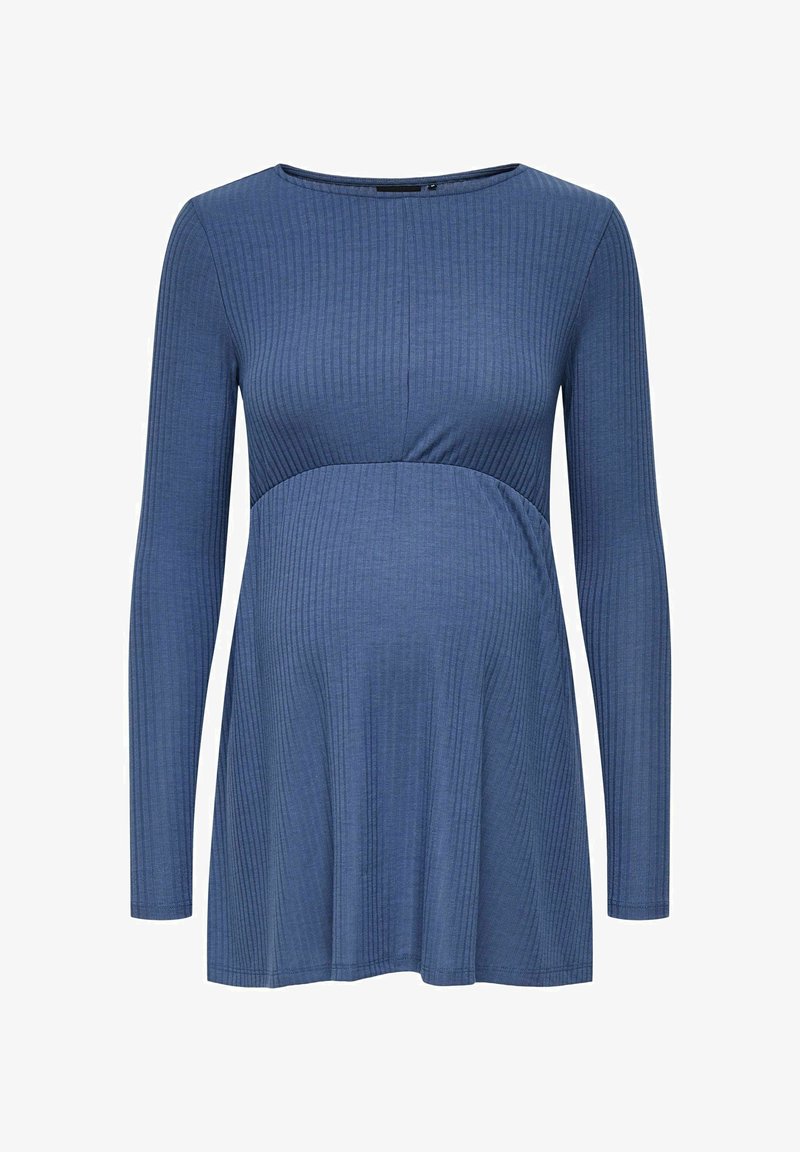 Langärmeliges Umstandstop in einem strukturierten Rippdesign, mit einem runden Ausschnitt und einer ausgestellten Silhouette in einem sanften Blauton.