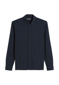 Camicia a maniche lunghe di colore blu navy, realizzata in tessuto morbido, con chiusura a bottoni frontale, colletto a punta e polsini abbottonati. Design semplice senza motivi.