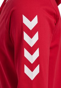 Rotes Langarmkleidungsstück mit vier weißen nach unten zeigenden Chevron-Formen, die senkrecht am Ärmel aufgedruckt sind.