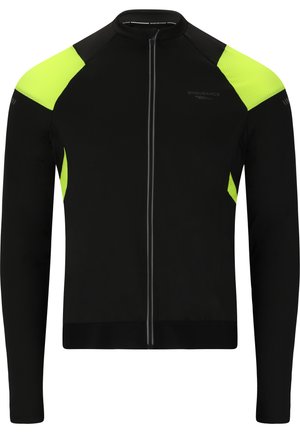 Schwarze langärmlige Radjacke mit gelben Mesh-Akzenten an den Schultern. Verfügt über einen Reißverschluss vorne und reflektierende Streifen für Sichtbarkeit.