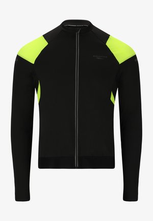 Schwarze langärmlige Radjacke mit gelben Mesh-Akzenten an den Schultern. Verfügt über einen Reißverschluss vorne und reflektierende Streifen für Sichtbarkeit.