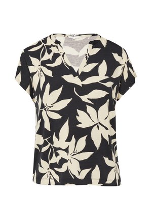 Schwarzes T-Shirt mit kurzen Ärmeln und V-Ausschnitt, großem weißem Muster aus floralen Blättern und lockerem Schnitt.