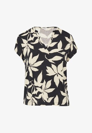 Black short-sleeve V-neck shirt with large white floral leaf pattern and relaxed fit.