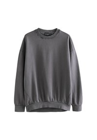 Felpa grigia con collo rotondo, spalle scese, polsini e orlo a costine, dal tessuto liscio. Design semplice e privo di decorazioni.