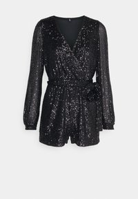 Svart paljettromper med djup V-ringning, långa ärmar med vertikala ränder, midja med bälte och en dekorativ rosett.