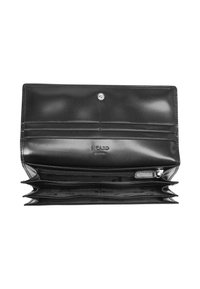 Black leather wallet with multiple compartments, zippered section, and card slots. Smooth texture with a snap closure and embossed logo.