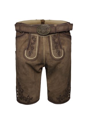 Shorts en cuir marron avec des broderies florales sombres intricées, une ceinture avec une boucle en métal décorative, et des accents de boutons sur les côtés.