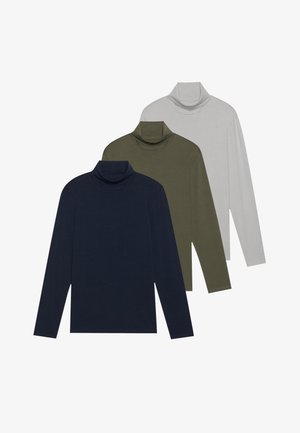Trois hauts à col roulé à manches longues en bleu marine, vert olive et gris clair. Tissu en coton avec une coupe ajustée et un col côtelé.