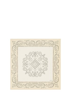 Kwadratowy kremowy materiał z symetrycznymi szarymi wzorami paisley i kwiatowymi, umieszczonymi centralnie i na krawędziach.