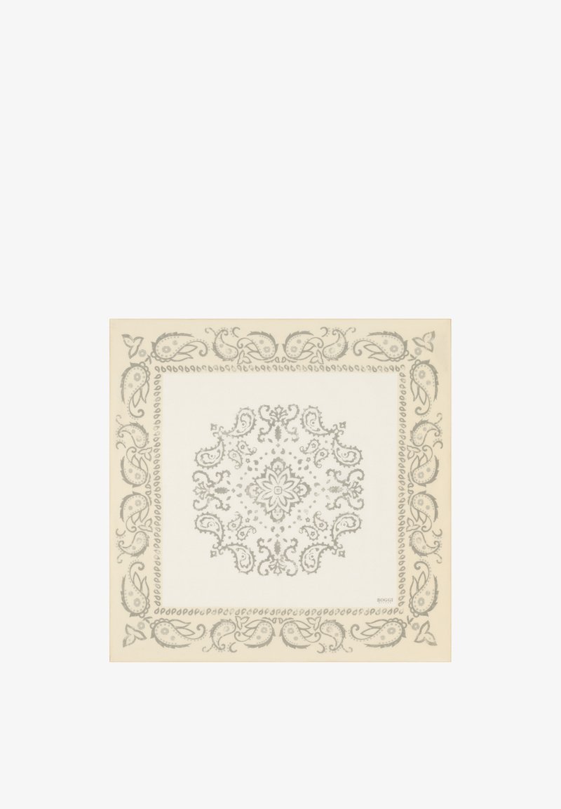 Tessuto quadrato color crema con motivi simmetrici grigi a paisley e floreali al centro e lungo il bordo.