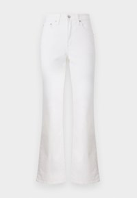 White high-waist jeans with a slightly flared leg, front button, zipper closure, and five-pocket design.