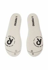 Paire de semelles en tissu beige avec le logo "reima", taille 28, et un imprimé circulaire noir "Joy of Movement Since 1944".