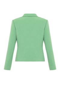 Zelený texturovaný blazer s přiléhavým střihem, s klopovým límcem a dlouhými rukávy. Obsahuje švy pro tvar, je zobrazen pohled zezadu.