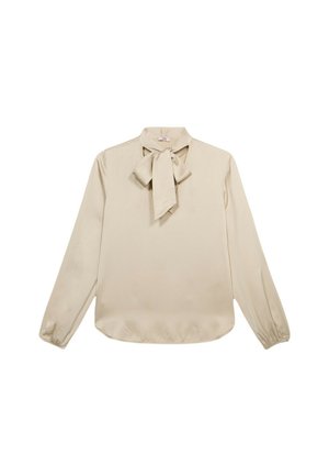 Beige blouse met lange mouwen en een strikdetail bij de halslijn, gladde textuur, en geraffineerde manchetten, met een afgeronde zoom.