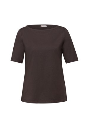 Donkerbruin topje met korte mouwen en een ronde hals, eenvoudig ontwerp en een licht getailleerde pasvorm.