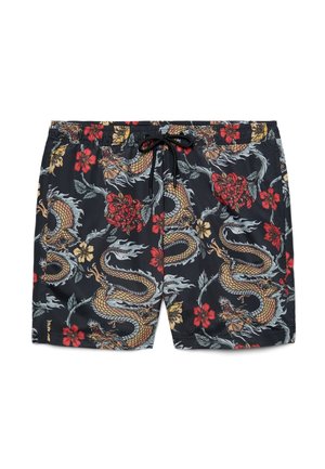 Pantaloncini da nuoto neri con vita a coulisse, decorati con draghi dorati e motivi floreali rossi e gialli.