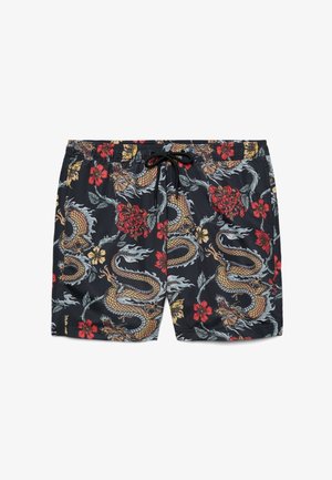 Pantaloncini da nuoto neri con vita a coulisse, decorati con draghi dorati e motivi floreali rossi e gialli.