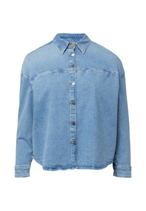 Light blue denim jacket with button front, long sleeves, and pointed collar, displayed against white background.