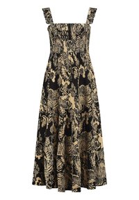 Black and beige floral print dress with ruffled straps, smocked bodice, and a flared skirt. Made from lightweight fabric with textured pattern.