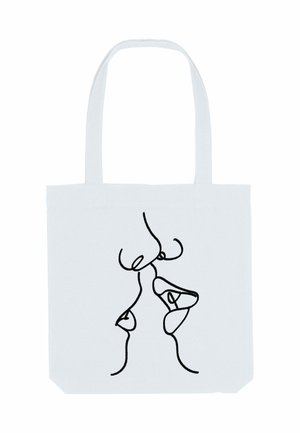 Borsa tote bianca con un disegno a linea continua nera di due volti in profilo, che si fronteggiano e sembrano baciarsi.